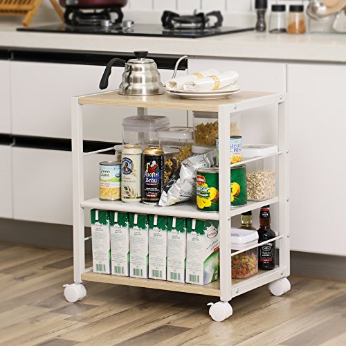 SONGMICS Küchenwagen Servierwagen mit arretierbaren Rollen, Regal, Lagerregal, Moderner Rollcontainer für Küche, Büro, Schlafzimmer, Wohnzimmer, Garage, Eiche Hell & Weiß, LRC63WN - 2