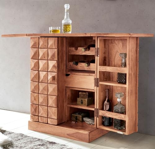 WOHNLING Hausbar Massivholz Akazie Weinbar ausklappbar Barschrank Landhausstil Barschrank - 2