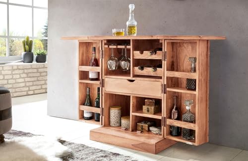 WOHNLING Hausbar Massivholz Akazie Weinbar ausklappbar Barschrank Landhausstil Barschrank - 9