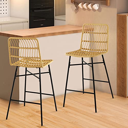 COSTWAY 2er Set Barhocker mit Rückenlehne und Fußstütze, Barstühle Rattan mit stabilem Metallgestel, Küchenhocker Höhe 75 cm für Esszimmer, Küche, Theke, Bar - 2
