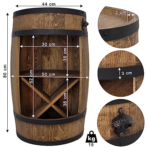 Holzfass mit Flaschenöffner und Weinregal. Fassbar 80cm - Rustikale deko Barschrank - Hausbar R.G.B. Weinrefal, Fassbier, Whisky Bar. Geschenk für Männer (Dunkelbraun/wenge) - 4