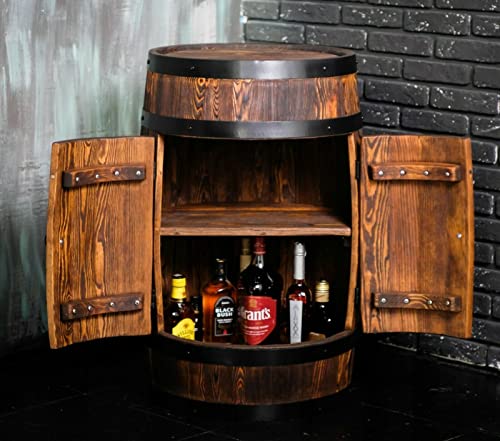 Holzfass - Wein Rack - Flasche Halter Tisch - Fassbartisch als Fassbar mit Zwei Türen & Zwischenboden - Hausbar handgemacht Vintage - Stil Weinfass Bar - 6