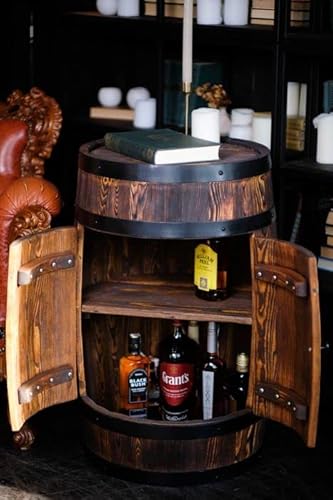 Holzfass - Wein Rack - Flasche Halter Tisch - Fassbartisch als Fassbar mit Zwei Türen & Zwischenboden - Hausbar handgemacht Vintage - Stil Weinfass Bar - 7