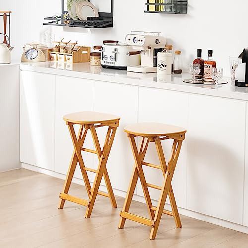 COSTWAY 2er Set Barhocker Klappbar, Barstuhl Bambus mit Fußstütze, Küchenstuhl Sitzhöhe 61 cm, Tresenhocker Bistrohocker für Küche Haus Garten Bar, Natur (2 Stühle ohne Lehne) - 2