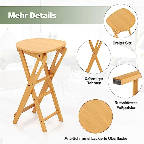 COSTWAY 2er Set Barhocker Klappbar, Barstuhl Bambus mit Fußstütze, Küchenstuhl Sitzhöhe 61 cm, Tresenhocker Bistrohocker für Küche Haus Garten Bar, Natur (2 Stühle ohne Lehne) - 5