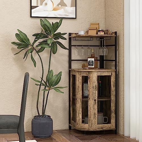 GIANTEX Weinschrank mit Weinglasablage, Industrieller Barschrank mit Metallgittertüren & verstellbarem Regal, Küchenschrank mit Kippschutz, für Küche, Esszimmer, Bistro, 47,5 x 47,5 x 130 cm - 2