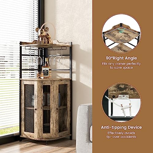 GIANTEX Weinschrank mit Weinglasablage, Industrieller Barschrank mit Metallgittertüren & verstellbarem Regal, Küchenschrank mit Kippschutz, für Küche, Esszimmer, Bistro, 47,5 x 47,5 x 130 cm - 6