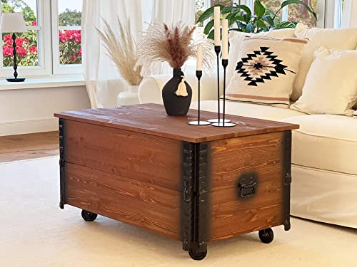 Uncle Joe´s Couchtisch XL dunkel Truhentisch Truhe im Vintage Shabby chic Style aus Massiv-Holz in braun mit Stauraum und Deckel Holzkiste Beistelltisch Landhaus Wohnzimmertisch Holztisch nussbaum - 2