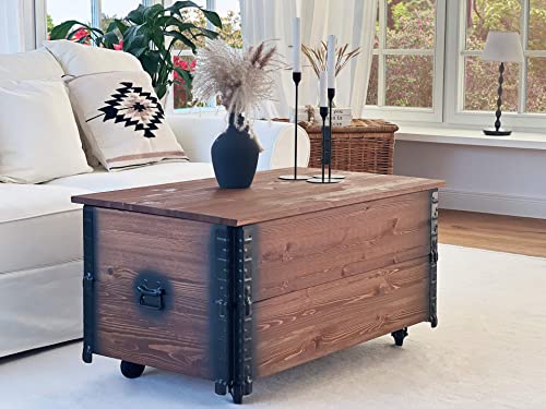 Uncle Joe´s Couchtisch XL dunkel Truhentisch Truhe im Vintage Shabby chic Style aus Massiv-Holz in braun mit Stauraum und Deckel Holzkiste Beistelltisch Landhaus Wohnzimmertisch Holztisch nussbaum - 3