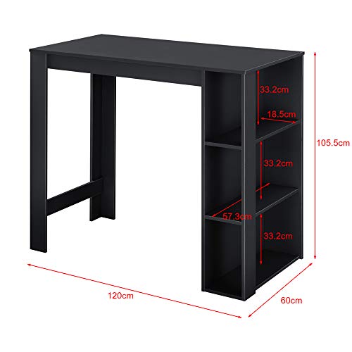 [en.casa] Bartisch mit integrierter Hausbar 120x60x106cm Tresentisch mit 3 Ablageflächen Stehtisch Bartheke mit 3 Fächern Küchentheke Tresen Schwarz - 2