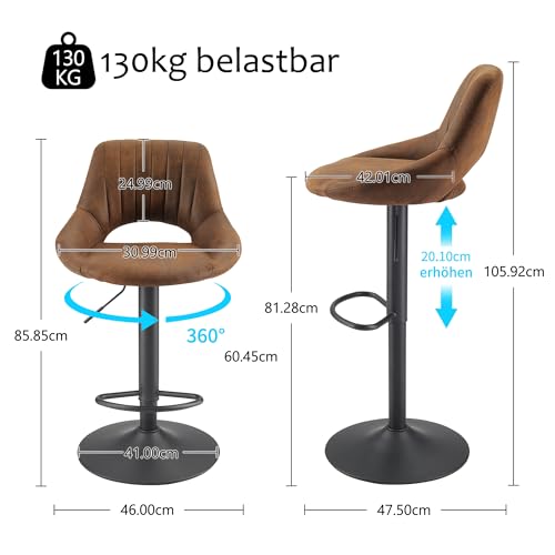 Zouron Braun Barhocker 2er Set, Vintage PU Leder Höhenverstellbar Barstühle, 360° Drehbar - 2