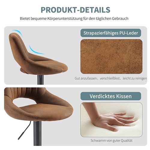 Zouron Braun Barhocker 2er Set, Vintage PU Leder Höhenverstellbar Barstühle, 360° Drehbar - 5