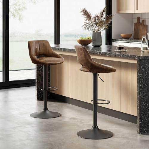 Zouron Braun Barhocker 2er Set, Vintage PU Leder Höhenverstellbar Barstühle, 360° Drehbar - 3