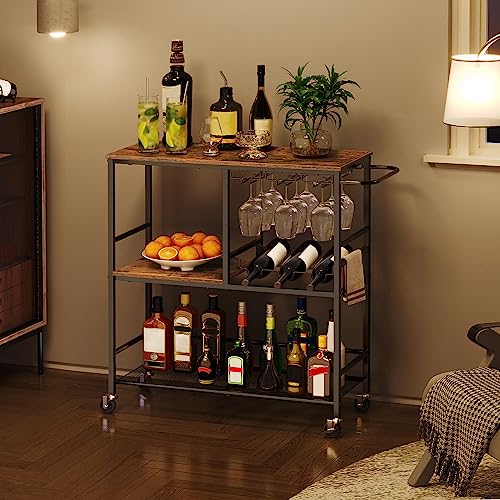 HOOBRO Servierwagen mit Rollen, 3-stöckiger küchenwagen mit arbeitsplatte, Abschließbarer Barwagen mit Weinregal für Esszimmer, Wohnzimmer, Party, Bar, Vintagebraun und Schwarz EBF21TC01 - 8