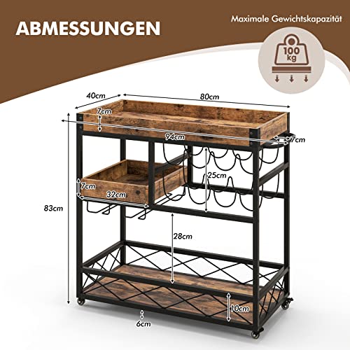 COSTWAY 3 Ebenen Servierwagen mit abnehmbarem Tablett, Küchenwagen mit 2 Reihen Glashalter und 8 Weinregalen, Rollwagen Holz für Küche, Esszimmer und Bar, Vintage - 3