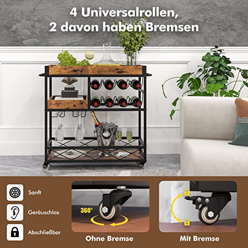 COSTWAY 3 Ebenen Servierwagen mit abnehmbarem Tablett, Küchenwagen mit 2 Reihen Glashalter und 8 Weinregalen, Rollwagen Holz für Küche, Esszimmer und Bar, Vintage - 4