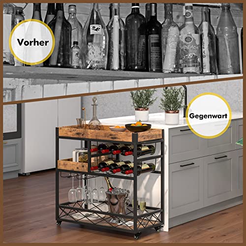 COSTWAY 3 Ebenen Servierwagen mit abnehmbarem Tablett, Küchenwagen mit 2 Reihen Glashalter und 8 Weinregalen, Rollwagen Holz für Küche, Esszimmer und Bar, Vintage - 7