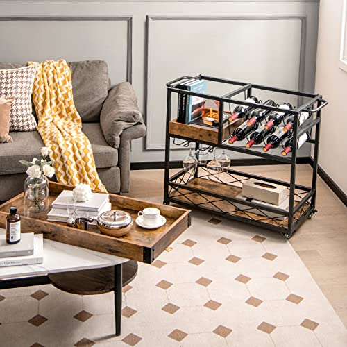 COSTWAY 3 Ebenen Servierwagen mit abnehmbarem Tablett, Küchenwagen mit 2 Reihen Glashalter und 8 Weinregalen, Rollwagen Holz für Küche, Esszimmer und Bar, Vintage - 8