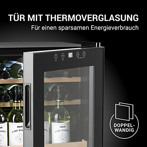 N8WERK Weinkühlschrank für bis zu 15 Flaschen Wein | Leise Kompressortechnologie|, freistehend, Temperaturbereich 4 °C - 18 °C, mit Thermoverglasung | LC-Display, LED-Beleuchtung - 5