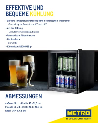 METRO Professional Mini-Kühlschrank GPC1046 mit Glastür - aus Glas und Edelstahl - für Zimmer Büro - Kühlschrank für Getränke Snacks Kosmetik - Minibar - 43x48x51.5cm - 46L - Umluftkühlung - Schwarz - 4