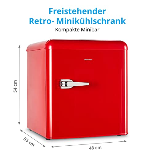 MEDION Mini Kühlschrank (Retro Design, 42L Nutzinhalt, 1 Glaseinlegeboden, manuelle Temperaturkontrolle, höhenverstellbare Füße, MD37171) rot - 2