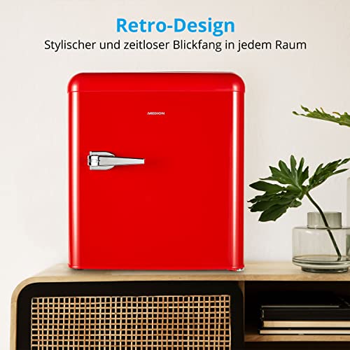 MEDION Mini Kühlschrank (Retro Design, 42L Nutzinhalt, 1 Glaseinlegeboden, manuelle Temperaturkontrolle, höhenverstellbare Füße, MD37171) rot - 5