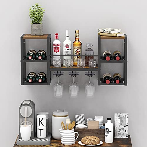 VEDECASA industriell wandmontierte Weinregal mit 3 Dampfglashalter Partial Holzregal Schwarz Metallflaschenhalter Multi funktionaler Weinpareite Display Rack für Home Bar Dining Room Kitchenkitchen - 3