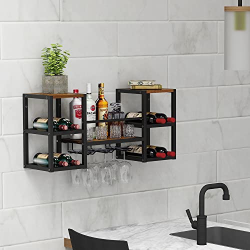 VEDECASA industriell wandmontierte Weinregal mit 3 Dampfglashalter Partial Holzregal Schwarz Metallflaschenhalter Multi funktionaler Weinpareite Display Rack für Home Bar Dining Room Kitchenkitchen - 4