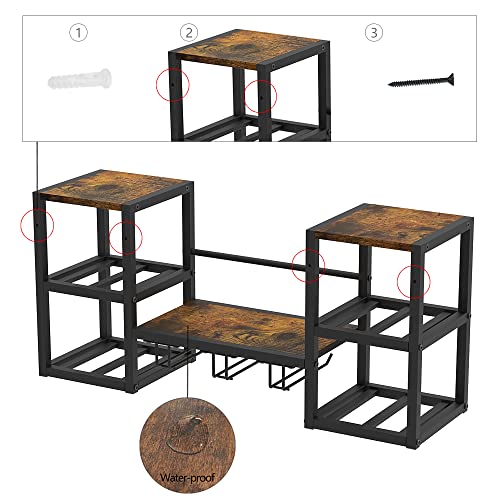 VEDECASA industriell wandmontierte Weinregal mit 3 Dampfglashalter Partial Holzregal Schwarz Metallflaschenhalter Multi funktionaler Weinpareite Display Rack für Home Bar Dining Room Kitchenkitchen - 6