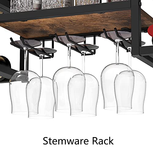 VEDECASA industriell wandmontierte Weinregal mit 3 Dampfglashalter Partial Holzregal Schwarz Metallflaschenhalter Multi funktionaler Weinpareite Display Rack für Home Bar Dining Room Kitchenkitchen - 8